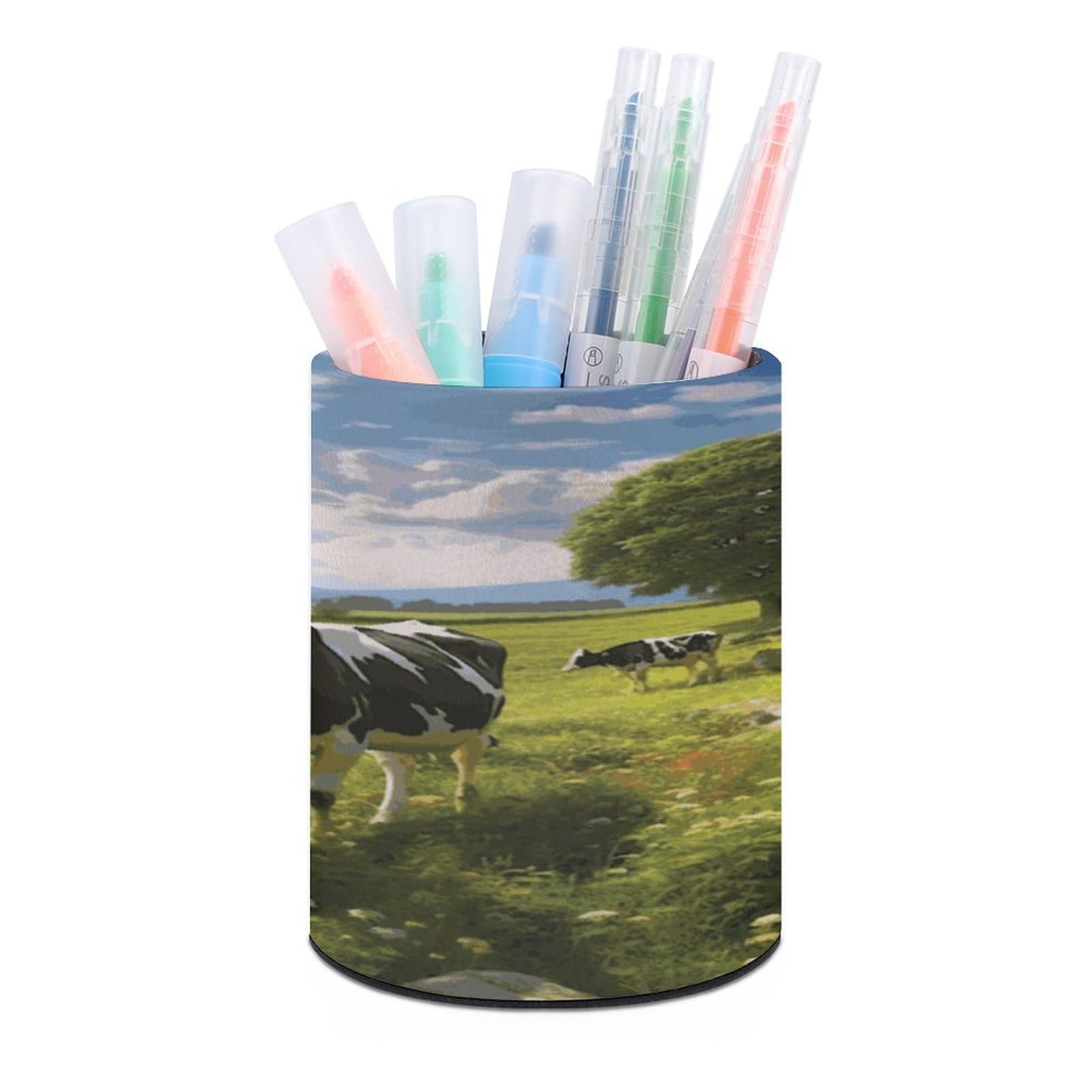 MUSM Cows Grazing Pen Holder Large Capacity Pen Holder Modern PU Pencil Holders Durable Waterproof Pens Cup for Home Office Desktop Organizer