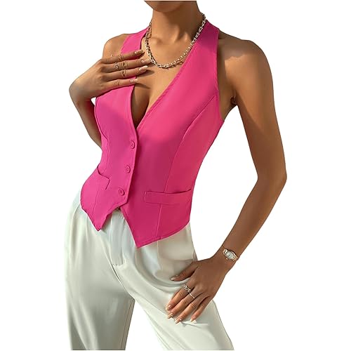 GORGLITTER Women's Sleeveless Button Front Crop Blazer Vest Deep V Neck Single Breasted Waistcoat Jacket Hot Pink Large