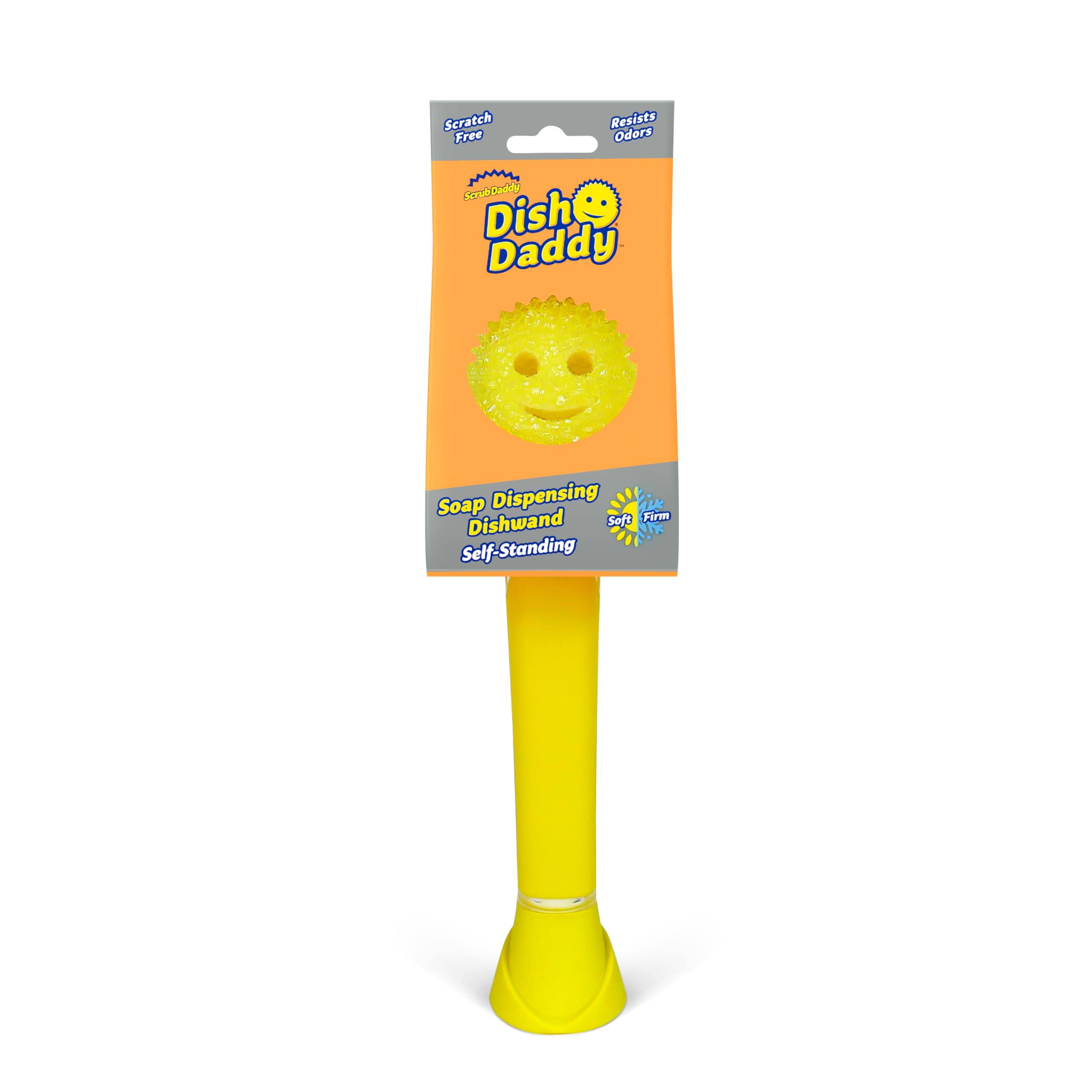 Scrub Daddy Dish Daddy, Spazzola Per Piatti Che Eroga Sapone, Spugna Per Lavare Con Impugnatura Liquida, Raschietto Incorporato E Testina Di Pulizia Staccabile, Supporto Per Sgocciolamento, Giallo-image