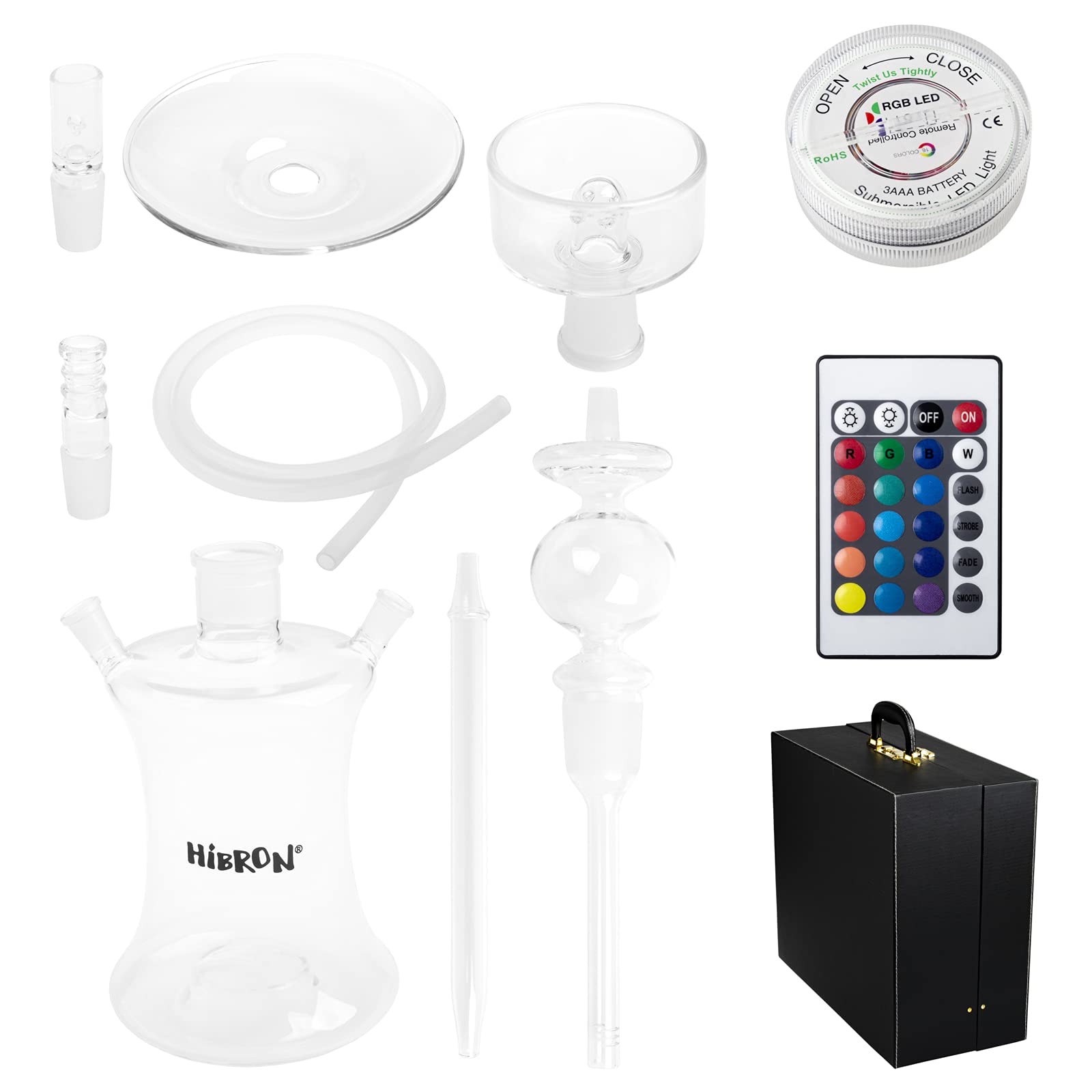 HIBRON Cachimba Buena Grande Profesional 52cm Premium Kit Completo de Cristal Transparente, con 1 Manguera de Silicona, Luz LED, Mando a distancia y Maletín.