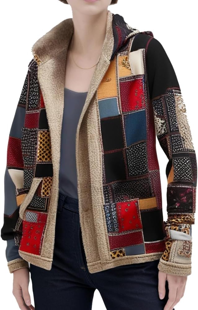 Akivide Women's Winter Ethnic Style Patchwork Sherpa Fleece Lined Hooded Jacket Plus Size Fluffy Warm Outwear with Pockets - Image 2