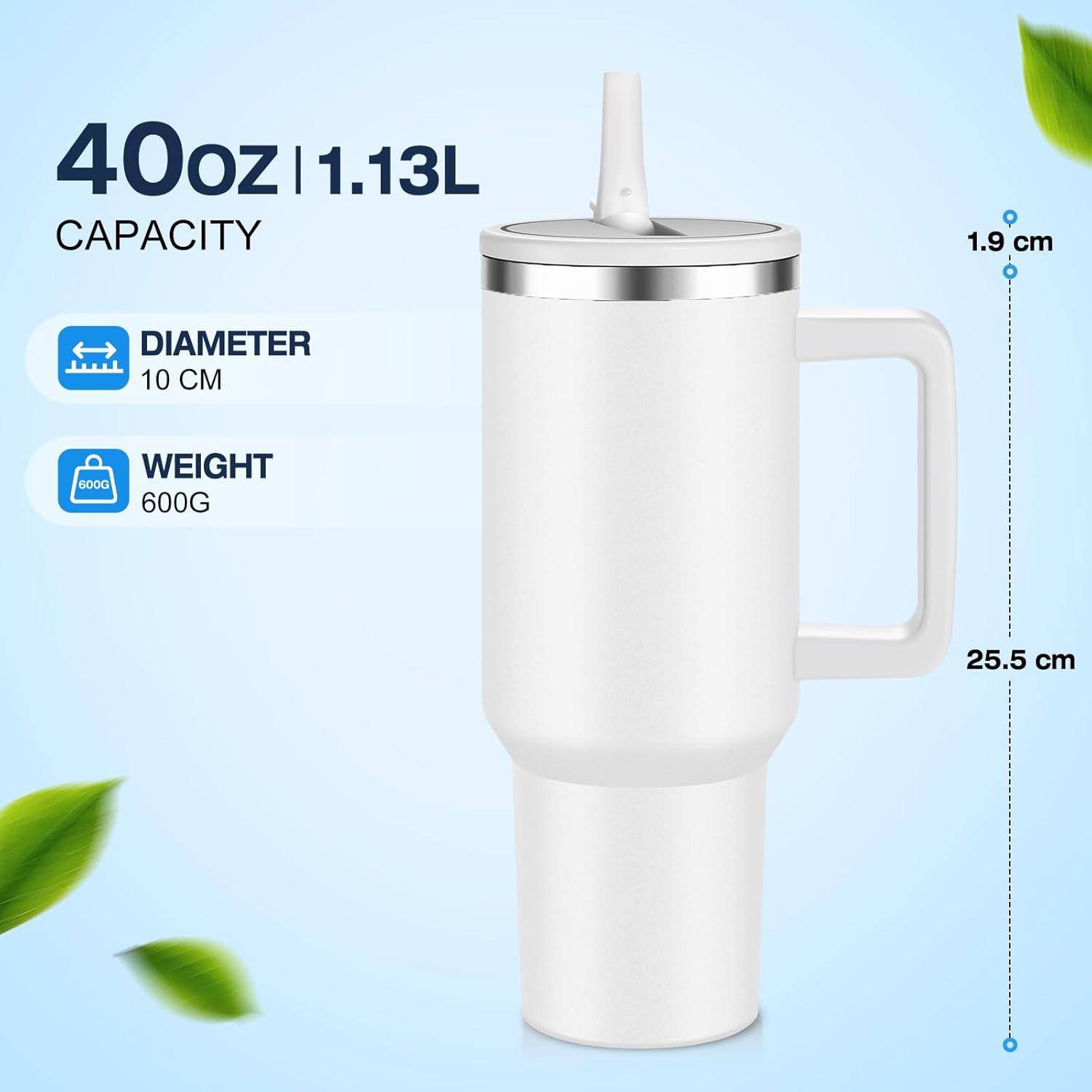 FOLAI 4 Pack 40oz Insulated Tumbler with Handle, Straw & Flip Lid, 100% Leak-Proof Stainless Steel Double Wall Vacuum Cup - 24H Cold & 10H Hot, Cup Holder Friendly Travel Tumbler | White - Image 3