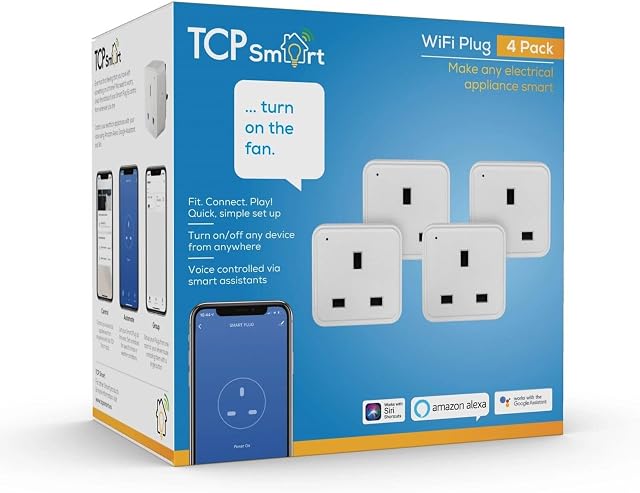 TCP 13A 240V 2.4Hz 2990W Smart Wi-Fi Socket 4-Piece Pack, White, TAYWISSINWUK4P