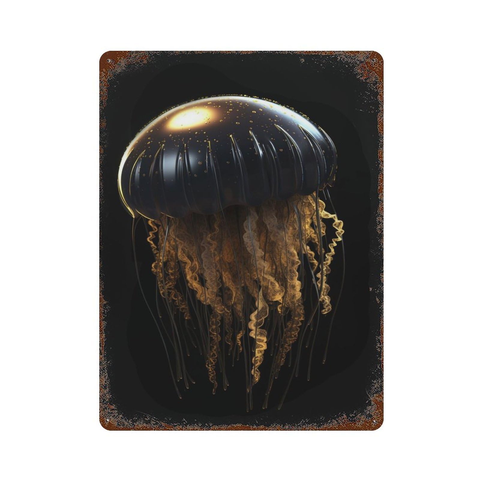 Black And Gold Jellyfish Rusty Metal Tin Sign 15.7"x11.8", for Basement, Hobby Room And Garage Decor, Retro Wall Decor
