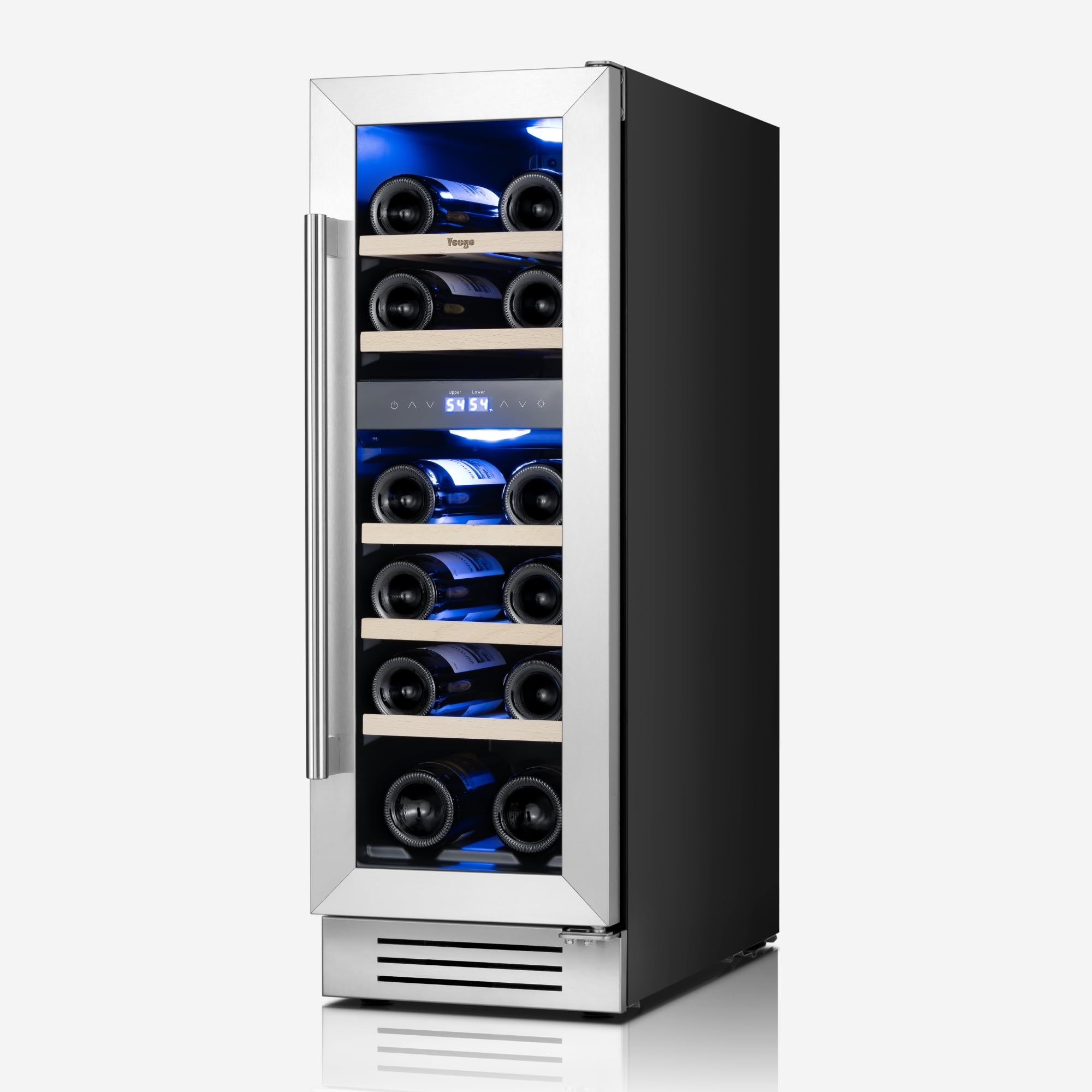 Yeego 17-Bottle Dual Zone Wine Fridge Cooler, front view with bottles visible through glass door