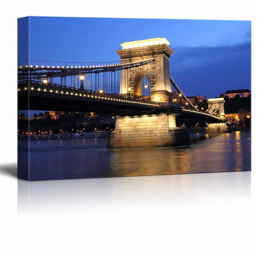 Canvas Prints Wall Art - Chain Bridge and Danube River in Budapest at Night in Hungary | Modern Wall Decor/Home Decoration Stretched Gallery Canvas Wrap Giclee Print & Ready to Hang - 32" x 48"