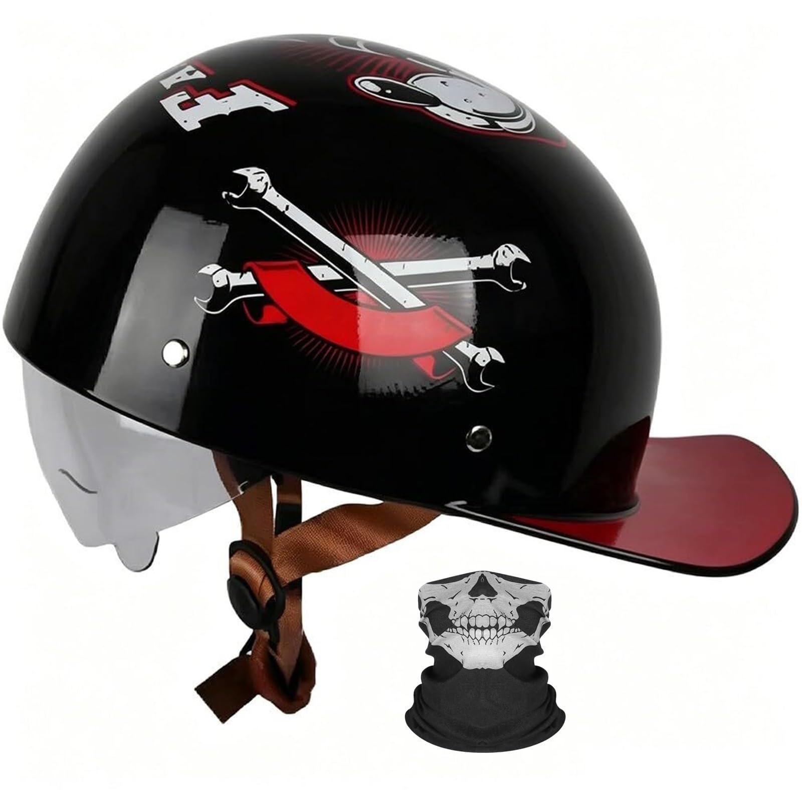 Stealth Kask Baseball ECE 22.06 Homologacja Półkask Retro Skuter | Półkask Czapka z Daszkiem ECE Homologacja, Skorupa ABS Lekka, Opuszczana Blenda