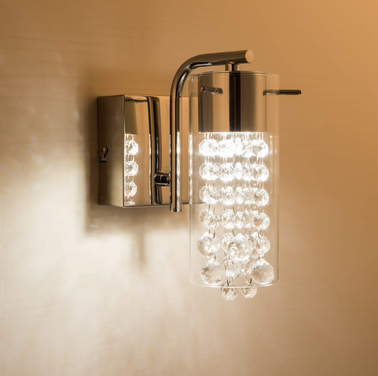 HARPER LIVING 1 LED Down Wall Light and Sconce, Chrome Finish & Cylinder Glass Shade, 5W, 325LM, Warm White (3000K), Ideal for Bedroom, Living Room, Hallway, Hotel, B&B