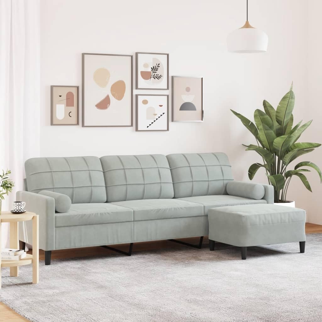 vidaXL Sofá de 3 plazas con Taburete de Terciopelo Gris Claro 210 cm