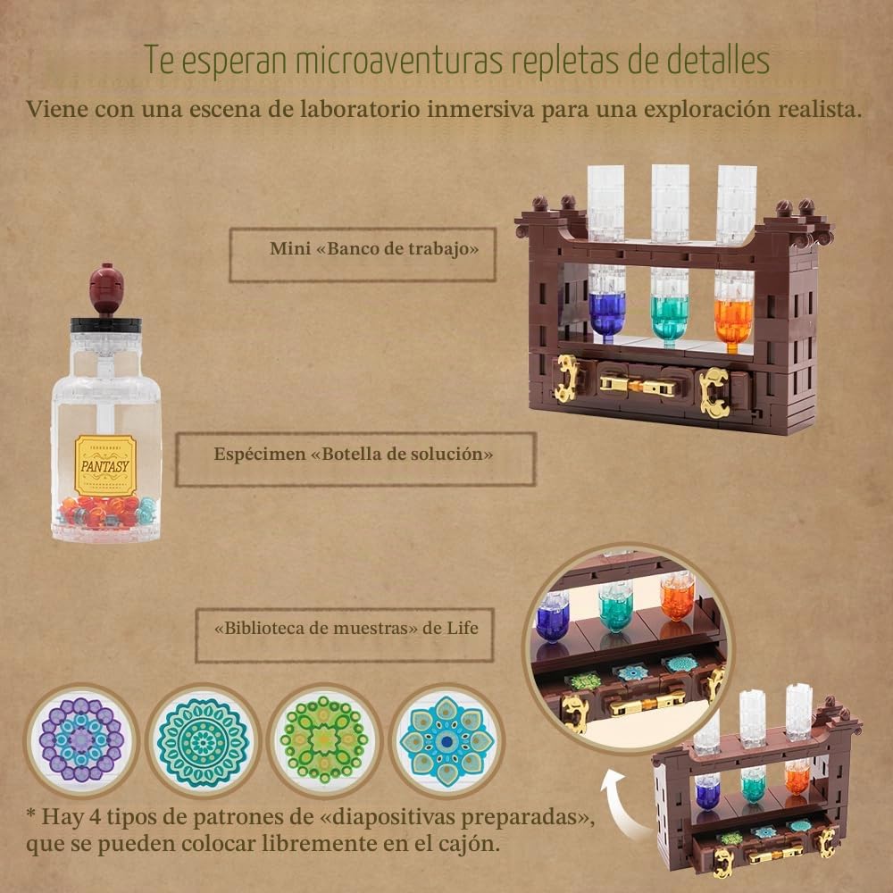PANTASY - Kit de construcción de microscopio retro para adultos, modelo de instrumento científico antiguo con diseño mecánico, acabado de latón y accesorios de laboratorio, juego de ladrillos de
