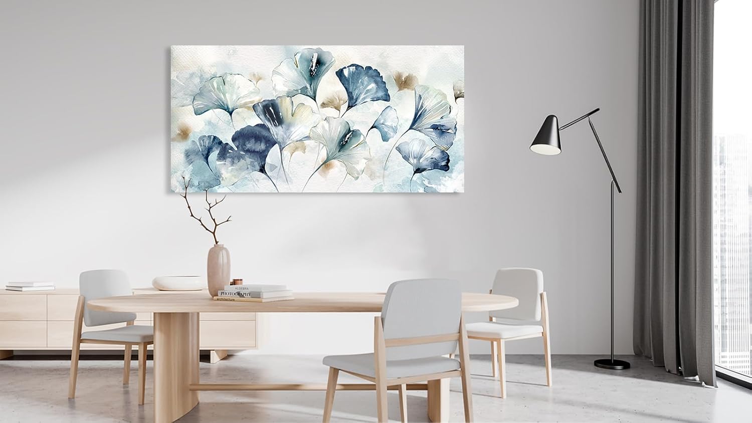 Shoci Ginkgo Leaf Wall Art - Large Blue White Brown Ginkgo Foliage Canvas Picture Rustic Colorful Leafage Painting Prints Decor Retro Botanical Artwork for Living Room Bedroom Home Office 24" X 48"