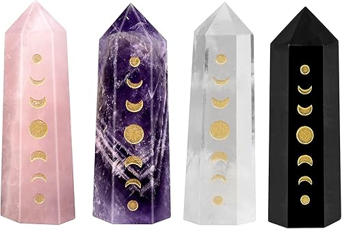 Miniatura 1 de mookaitedecor Juego de 4 piedras facetadas de cristal grabadas en fase lunar eclipse lunar para meditación de chakras Reiki, decoración del hogar