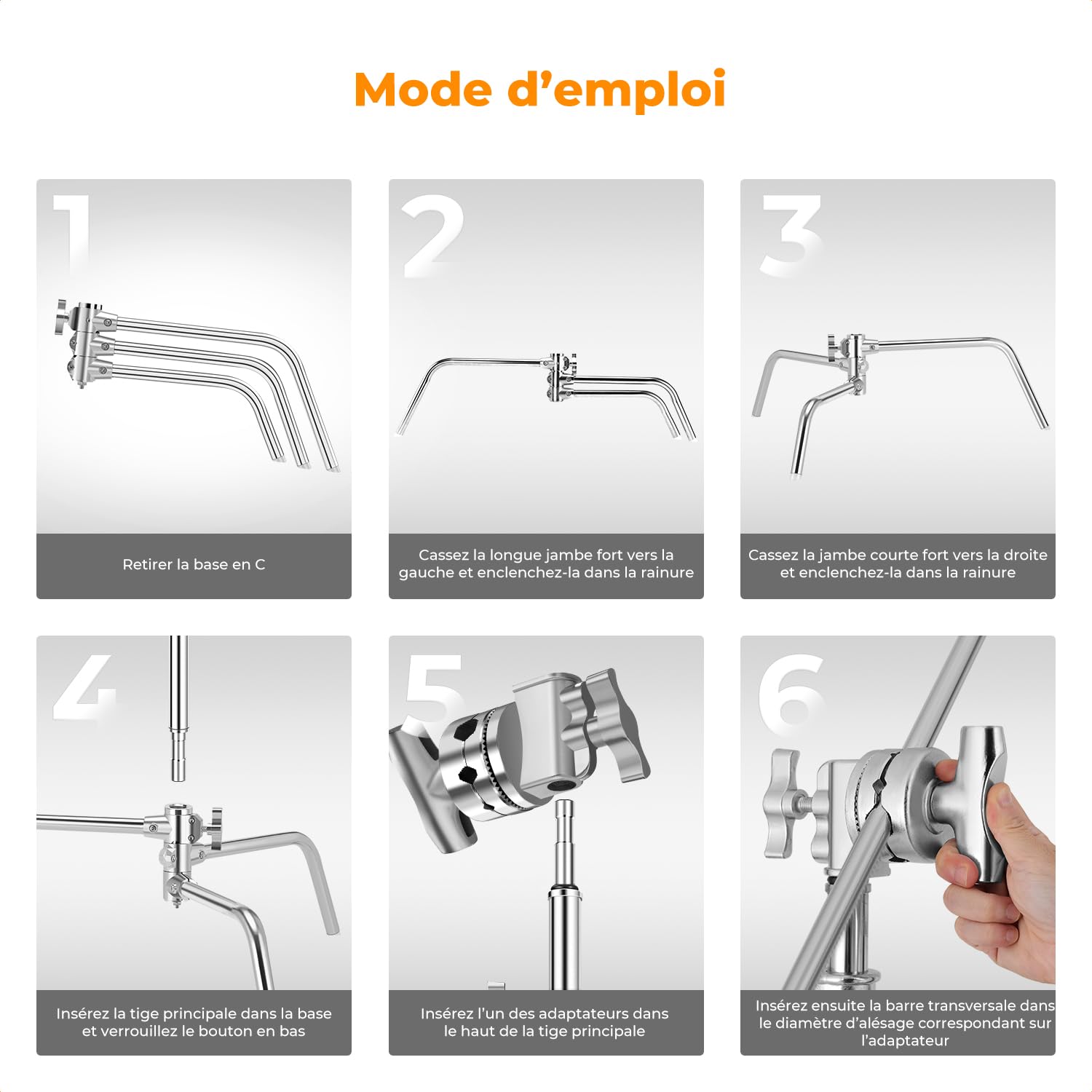 K&F CONCEPT Support C 330cm Acier Inoxydable pour Studio | Bras de perche réglable, 2 têtes poignée, charge 20kg, trépied lumière photo, avec sac sable, TL05