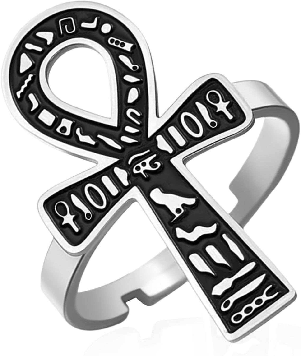 GYFGRTQ Egyptian Ankh Cross Ring Stainless Steel Ancient Life Symbol Jewelry for Women Men, Silver 2