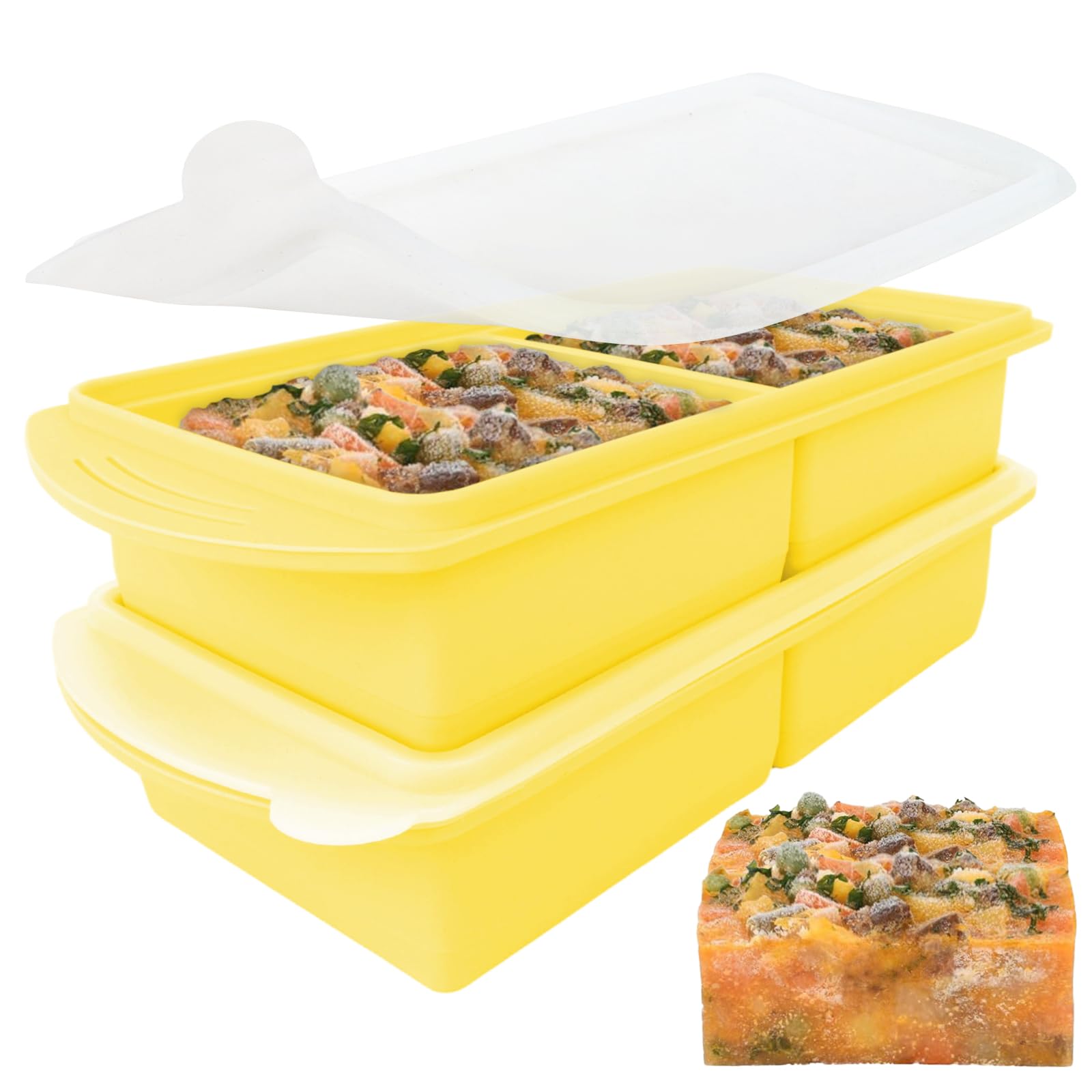 Jonuin 2 Pack Soup Cubes Silicone Freezaer Tray, Freezer Moulds with Lid, Large 2-Compartment Soup Freezer Containers, Makes 4 1-Cup Portions Cubes, Ice Cube Tray for Meal Prep, Soups, Sauce (Yellow)
