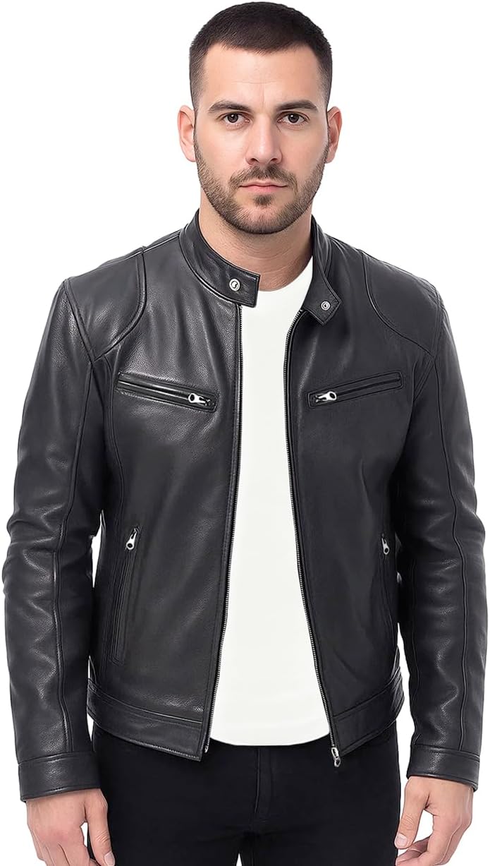 Men's Real Leather Jacket Biker Motorcycle Cafe Racer Vintage Retro Bomber Winter Black Genuine Leather Jacket