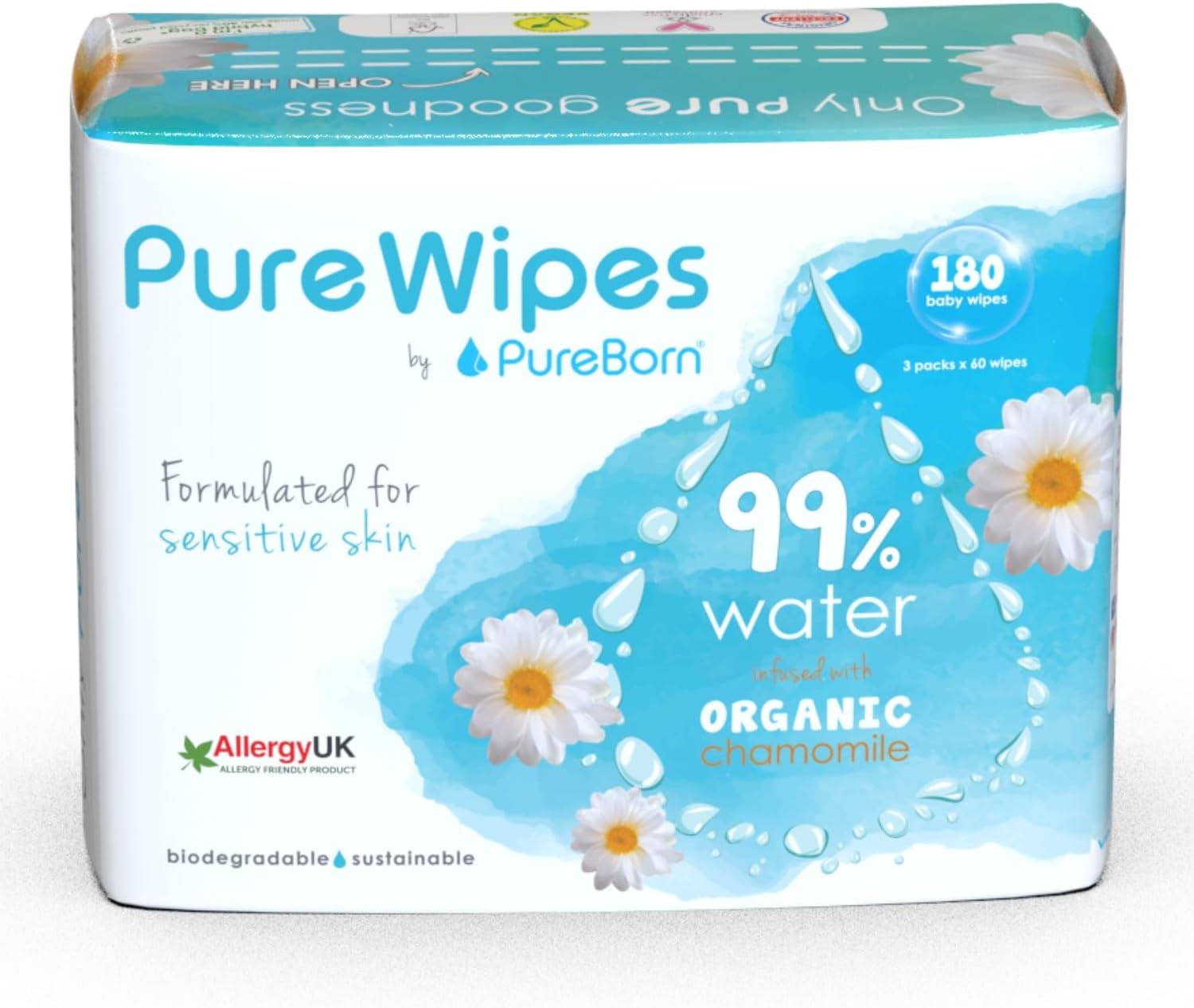 PureBorn Organic/Natural Cotton Pure Baby Wet Wipes with Chamomile extract|Suitable for sensitive baby skin & Daily use|Dermatologically tested|Eco Friendly|Travel Pack|180 Wipes