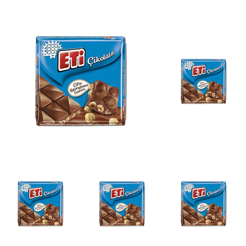 Eti Çikolata Çifte Kavrulmuş Fındıklı Sütlü Kare 60 g 5li paket