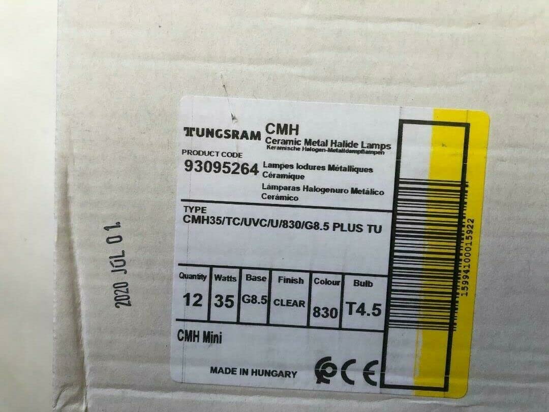 Tungsram12 Pieces 93095264 CMH35/TC/UVC/U/830/G8.5 35 Watt G8.5 Base 3000K CMH Single Ended T4.5 Mini Bulb Same as GE 90352 CMH39/TC/U/830/G8.5