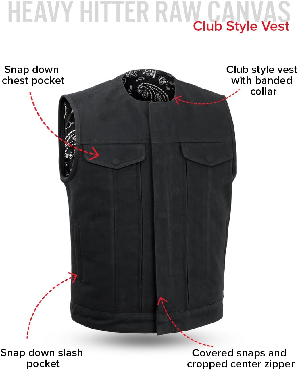 First Mfg Co - Men's Motorcycle Biker Riding Black Canvas Vest