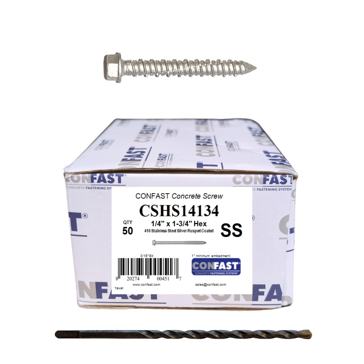 CONFAST 1/4" x 1-3/4" Concrete Screws 410 Stainless Steel Hex with Concrete Drill Bit for Anchoring to Masonry, Block or Brick (50 per Box)