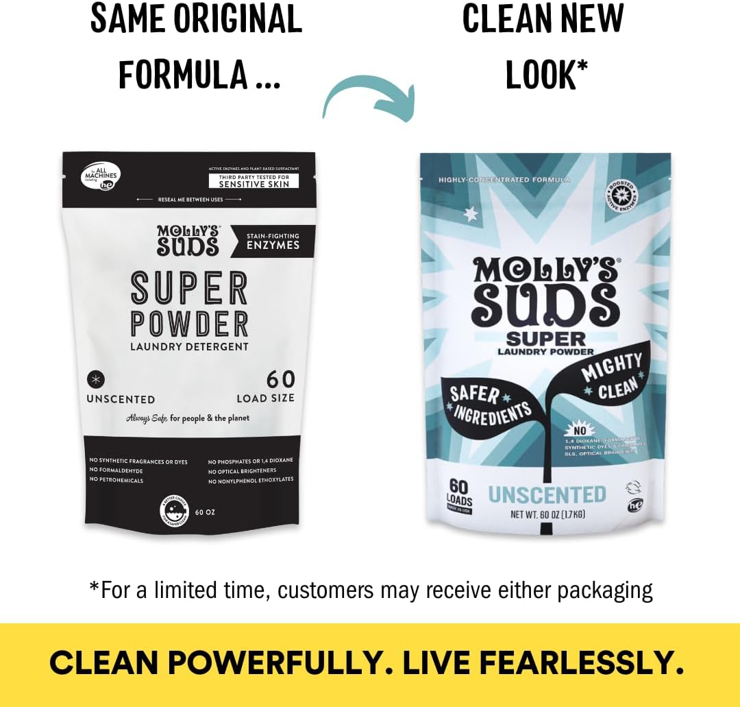 Molly's Suds Unscented Super Powder Detergent | Natural Extra Strength Laundry Soap, Stain Fighting | Sensitive Skin | Earth Derived Ingredients | 60 Loads