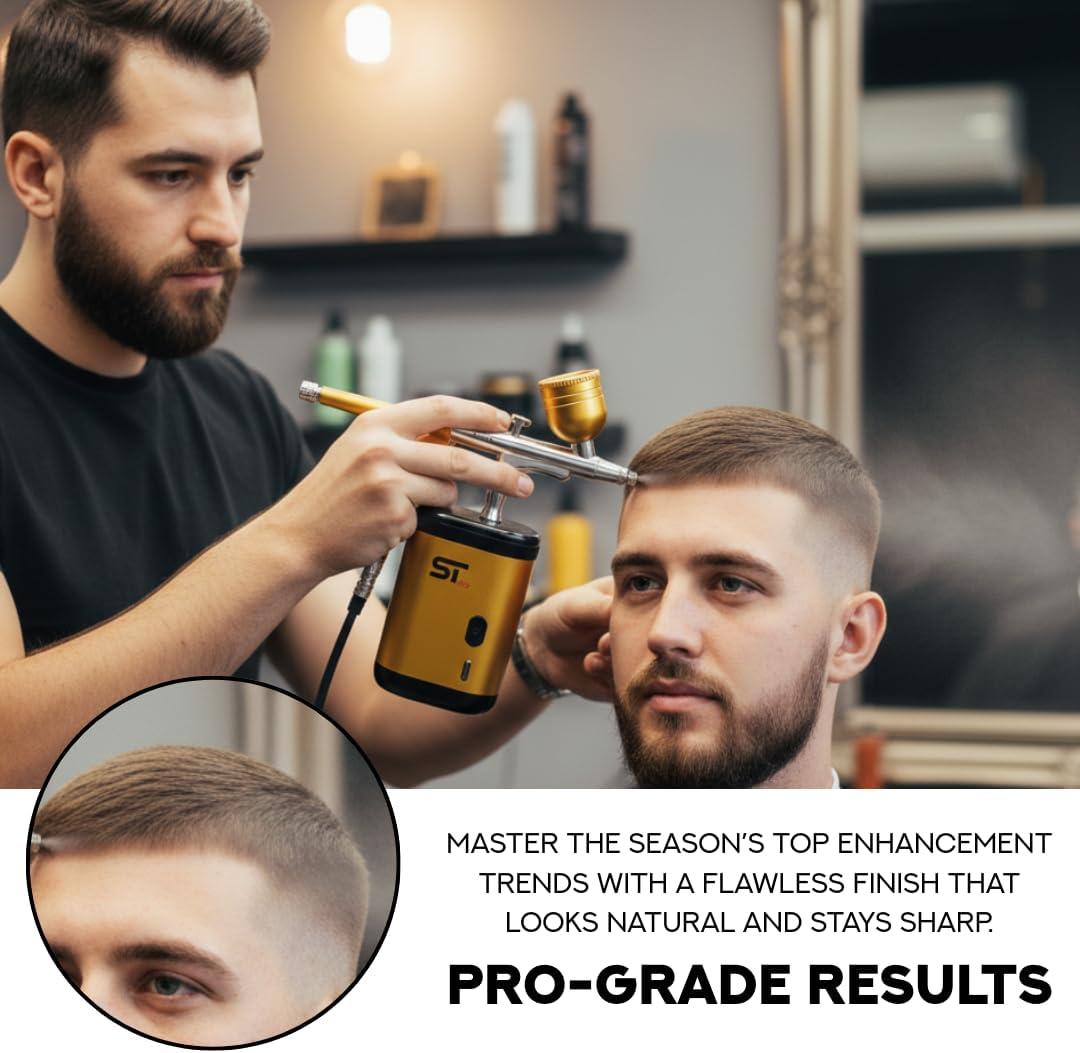 Supreme Trimmer Barber Airbrush Kit Cordless Hair and Beard Enhancement System with Ink Cleaning Solution 2 Style Triggers for Thinning Hair Natural Texture Fuller Looking Hair - AG1 (Gold)