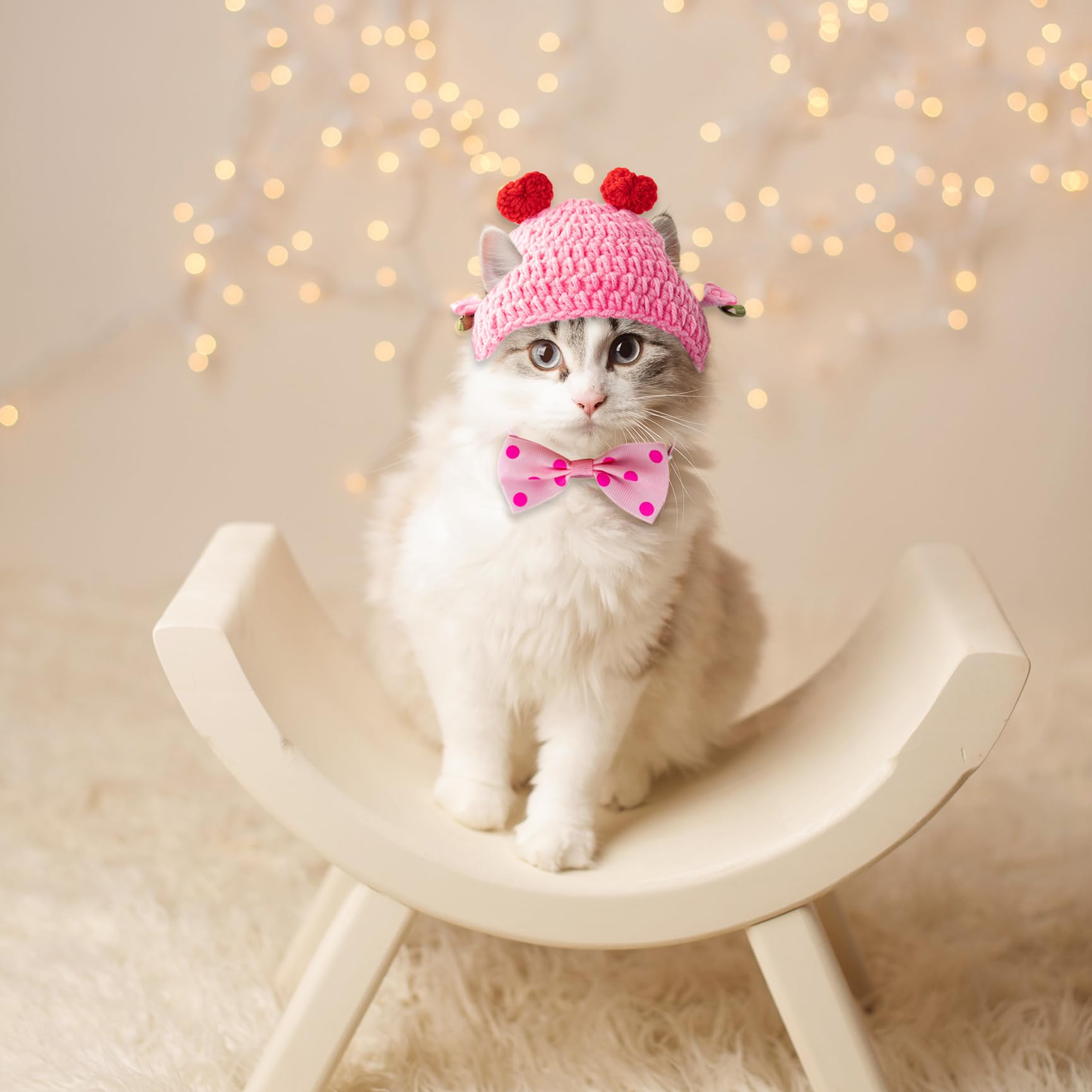 Qaziuy Dog Bow Tie & Hat Set for Small Dogs Valentine's Day Costume Accessories, Pink, Cartoon, Polyester & Wool - Image 3