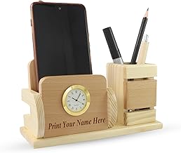 SHIVOM CRAFTS Personalized Wooden Desk Nameplate with Clock for Office Table Stylish, Wooden Mobile Phone Holder for Home and Office - Customized Gift, Get Name Printed (L-17.5 B-7cm H-10.5cm,)