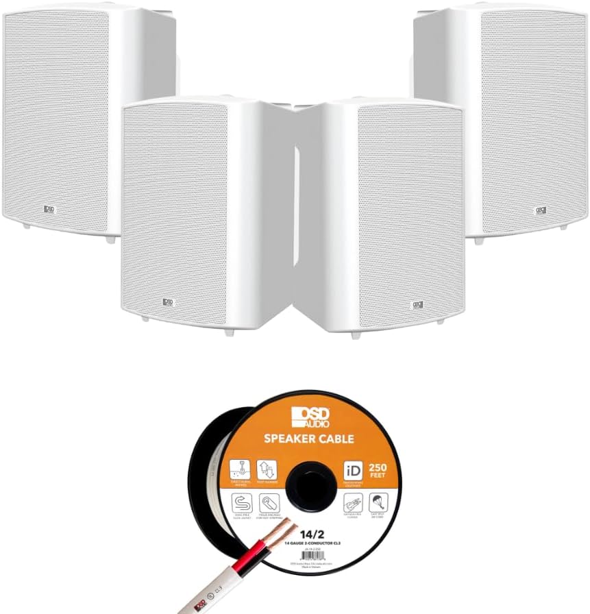 OSD Audio Outdoor Audio Kit – 4 White AP640 3-Way Weatherproof Patio Speakers with 250 ft CL3-Rated 14-Gauge Wire