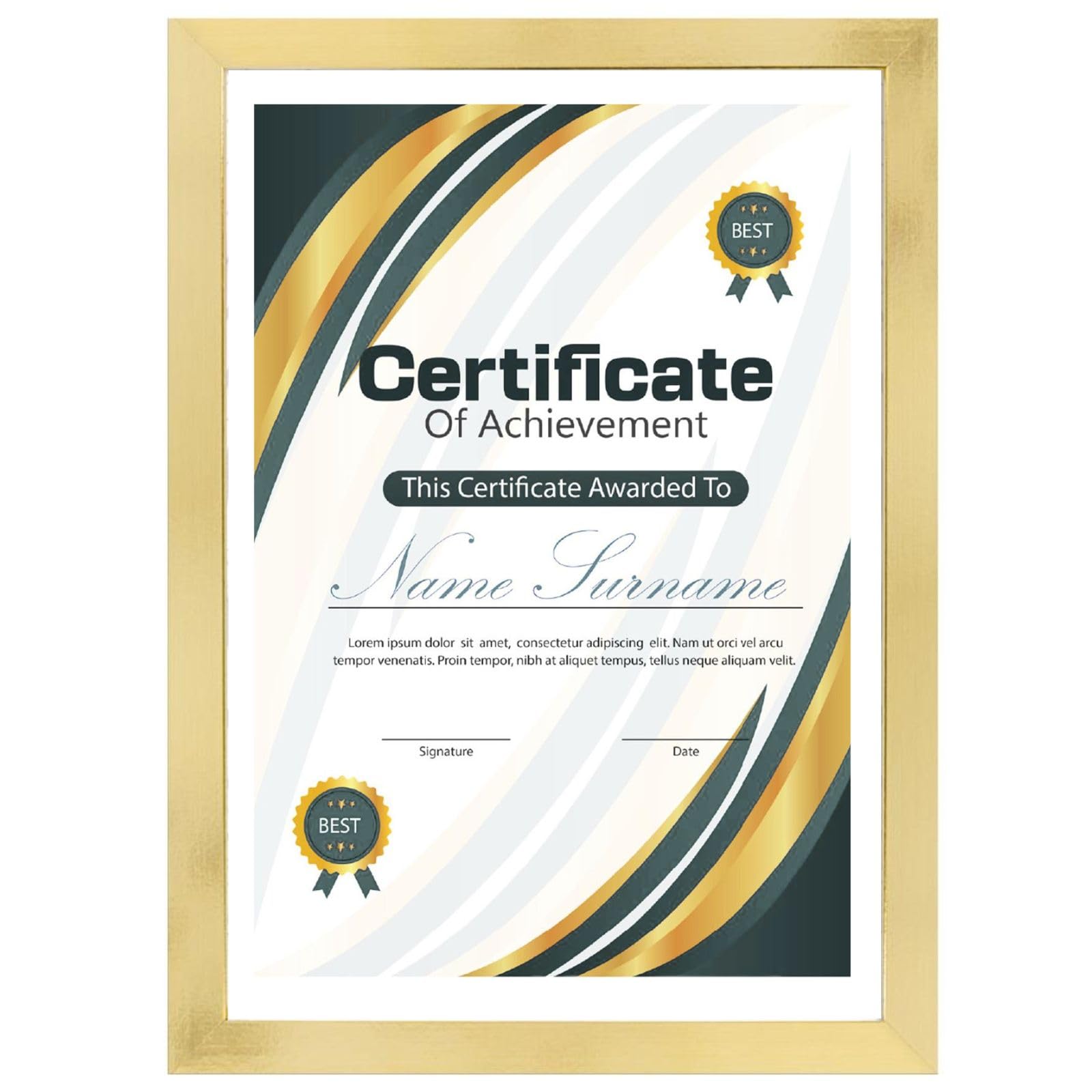 A4 Certificate Frame Gold Pack 3 - Ribbed Metallic Real Glass Picture Frames - A4 Documents Diplomas Certificates Prints - Wall Mounted Desk Standing Frame Portrait Landscape
