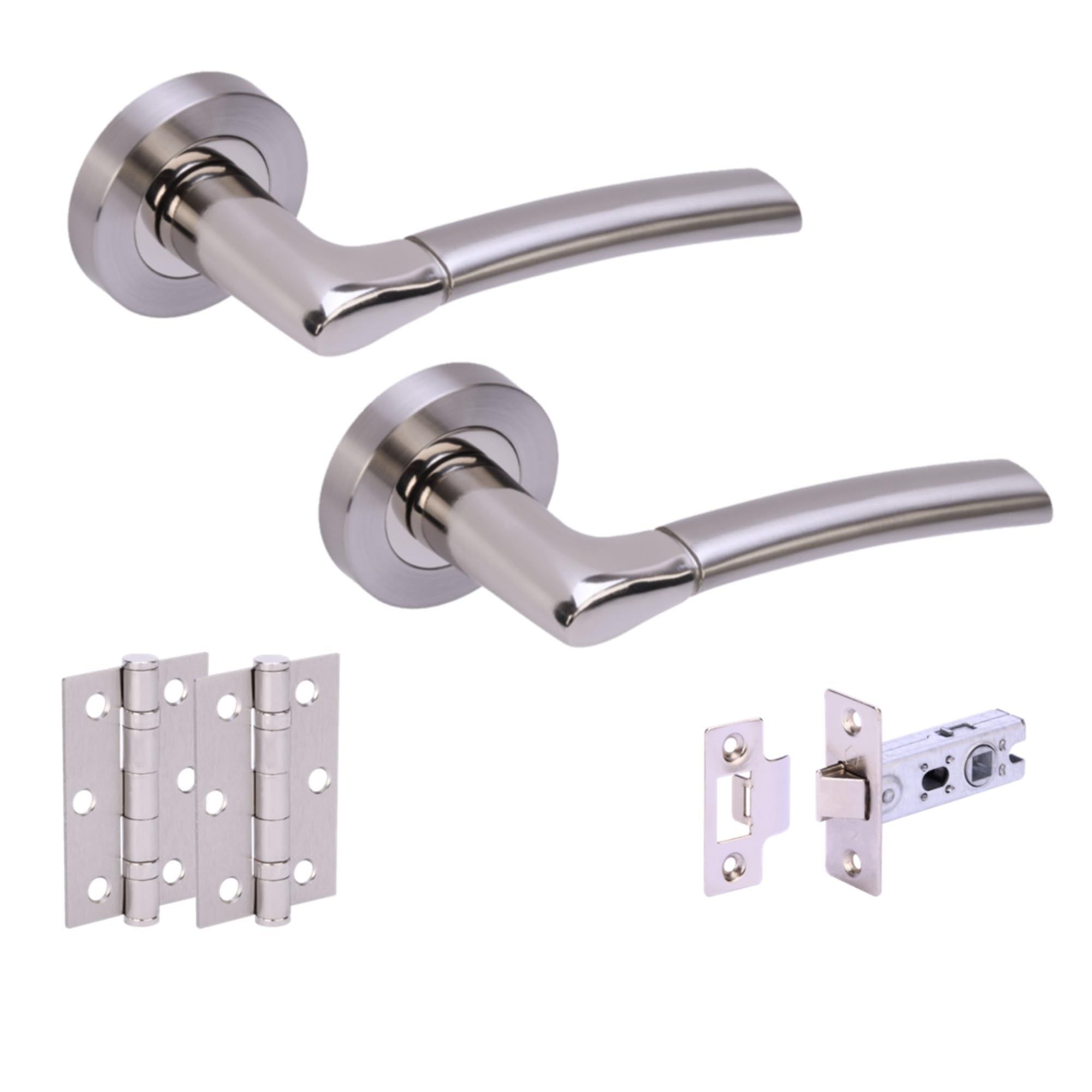 Hunta HANDLEZONE® Ursa Internal Door Handle Latch Pack, Complete with Lever On Round Rose Handles, 76mm Latch, 75mm Ball Bearing Hinges - Dual Finish Polished/Satin Nickel — image 1