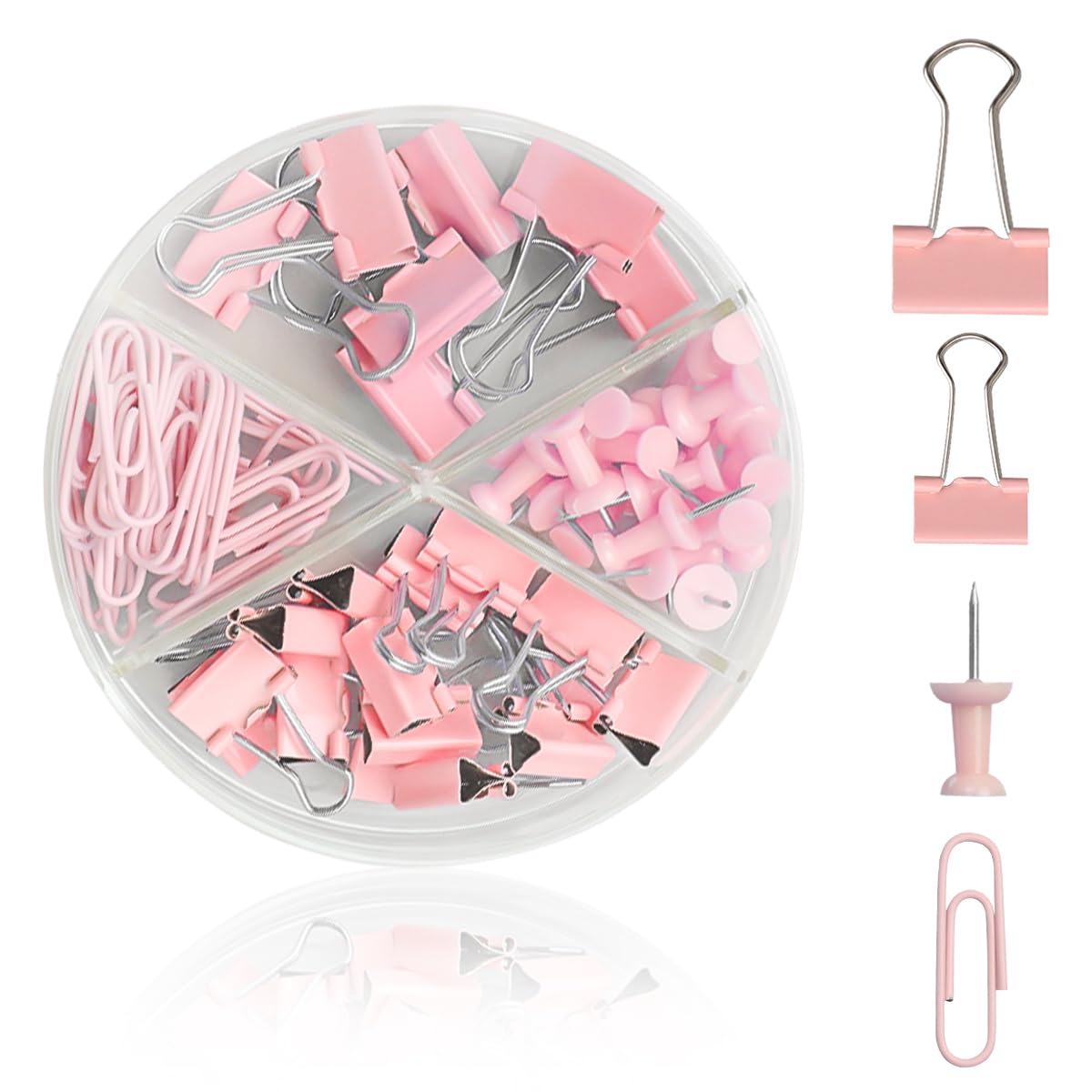 Lotsdonxia 72PCS Set of Binder Clips, Paper Clips, Push Pins, and Bulldog Clips, Including Storage Box, Desk Organizer for Home, School, and Office Supplies (Pink)
