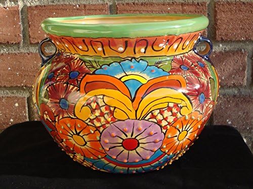 Talavera Big Ceramic Pot Bean Flower Planter Mexican Fine Art Pottery Decor 12" [Vibrant Hand Painted Colors Original Design] [Mexico Handcraft Pottery] [Purple Center Flowers]