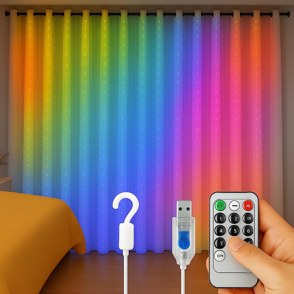 RGB Curtain LED String Lights for Home Decoration, USB String Lights with 8 Modes, Remote Control, Hanging Light for Room Decoration, Birthday Decoration, Wall Decor, Diwali Decoration