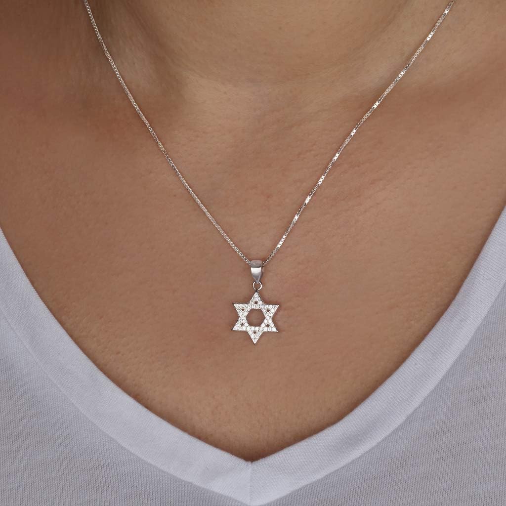 925 Sterling Silver Interlocked Star Of David Pendant With Necklace Jewish Protective Symbol 0.59" White Round Cubic Zirconia Holyland Art Unique Spiritual Hebrew Kabbalah Rare Jewish Bible Blessings