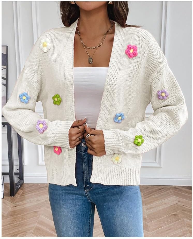 utcoco Women's Cropped Cardigan Sweaters Boho Crochet Floral Embroidery Oversized Open Front Knit Sweater Outwear - Image 3