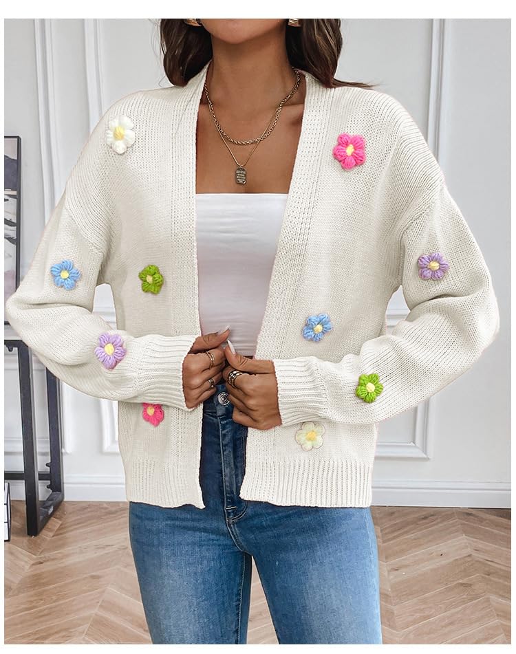 utcoco Women's Cropped Cardigan Sweaters Boho Crochet Floral Embroidery Oversized Open Front Knit Sweater Outwear3