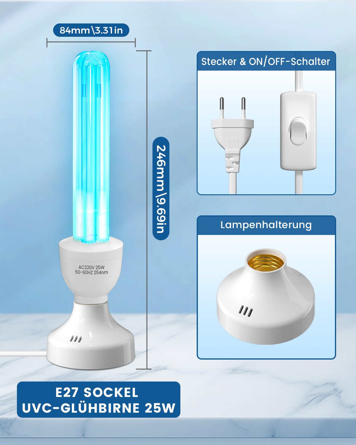 Lampe Desinfektion mit Ozon Licht Fernbedienung Timer 25W Keimtötende Lampe Starke Sterilisation und Desinfektion AC220-240V Perfekt für Küche, Schlafzimmer, Wohnzimmer, Büro Frischluft