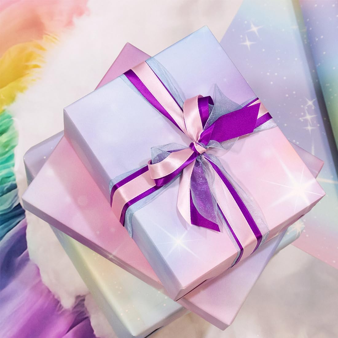 Gradient Wrapping Paper Sheet, Fantasy Style Birthday Wrapping Paper Girls with Double-Sided Tape, Folded Flat Gift Wrapping Paper for Birthday, Party, Wedding, Anniversary, Mother’s Day, 27.6x19.7 Inch Per Sheet