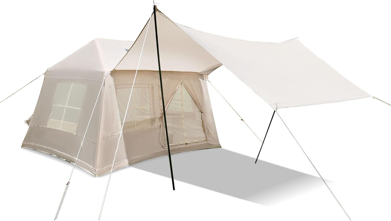 5.72m ² Inflatable Camping Tent, Glamping Tents Easy Setup 4 Season Windproof Outdoor Cotton Tent with Stove Jack & Mesh Windows & Pump