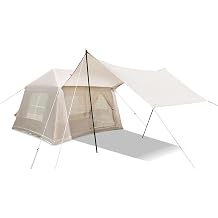 Inflatable Camping Tent, 4-Season Glamping Tent with Stove Jack, Mesh Windows, Easy Setup, Windproof Cotton Outdoor Tent with Hand Pump