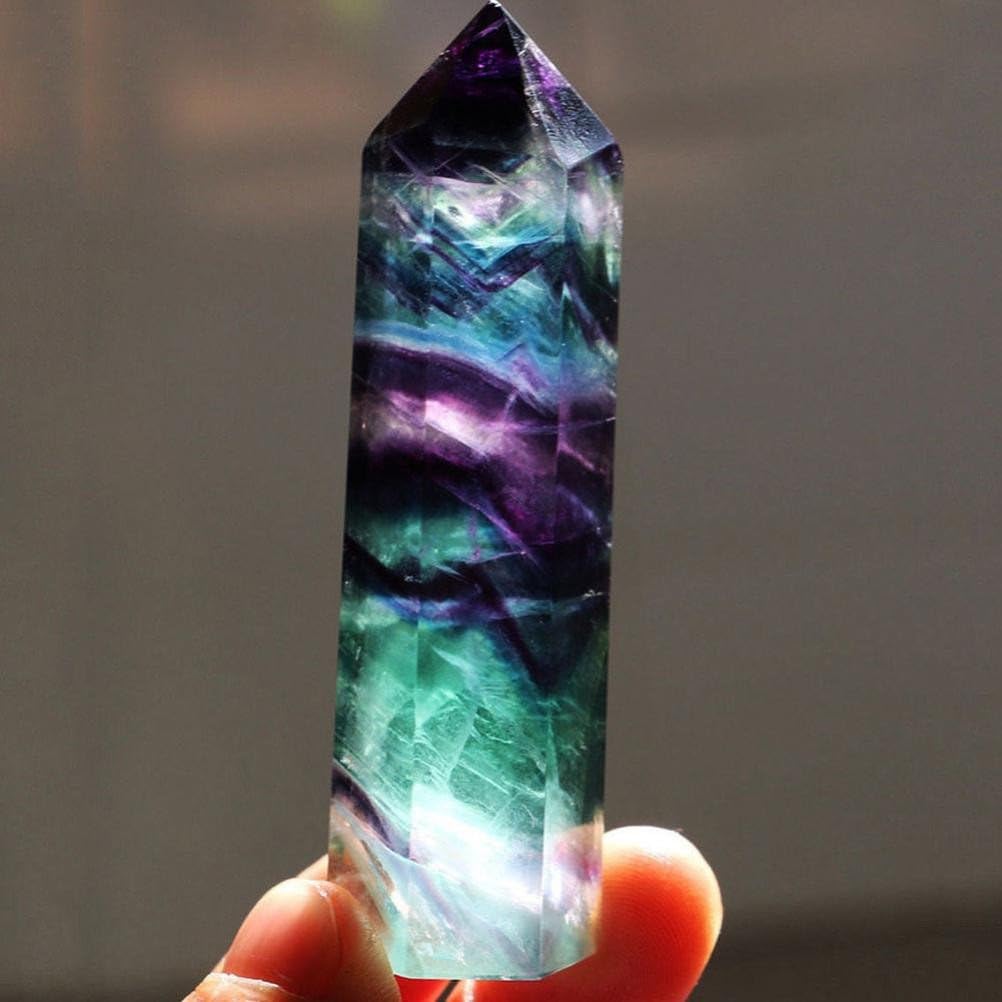 Clearance! DDLmax Natural Hexagonal Crystal Quartz Healing Fluorite Wand Stone Purple Green Gem (7.1-7.4cm, B)