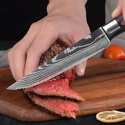 Miniatura 8 de Majesty Series - Juego de cuchillos profesionales para carne con patrón de damasco, acero inoxidable dentado afilado con mango de madera (juego de 6