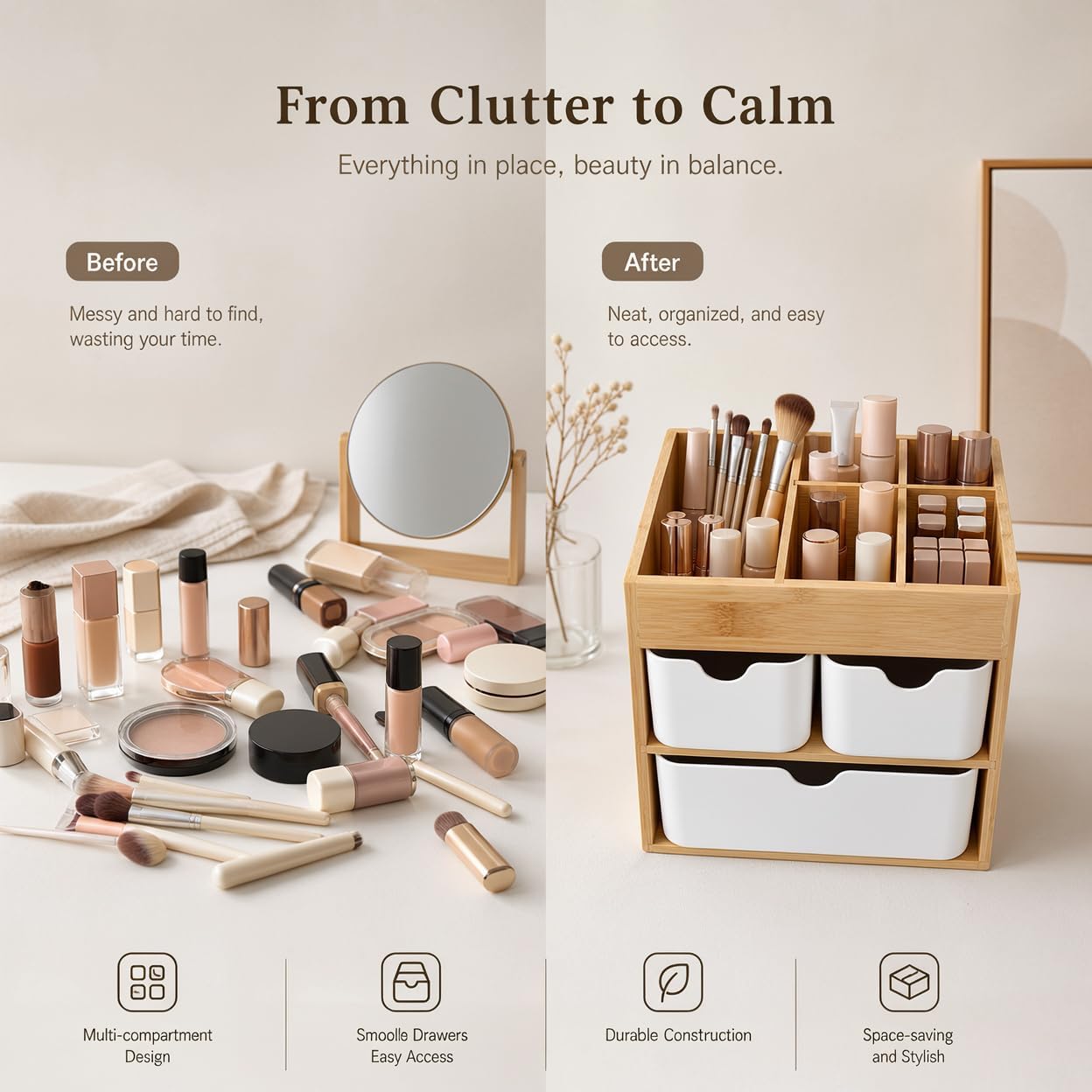 Bamboo 3-Drawer Makeup Organizer, Mortise & Tenon Vanity Box Desk Organizer