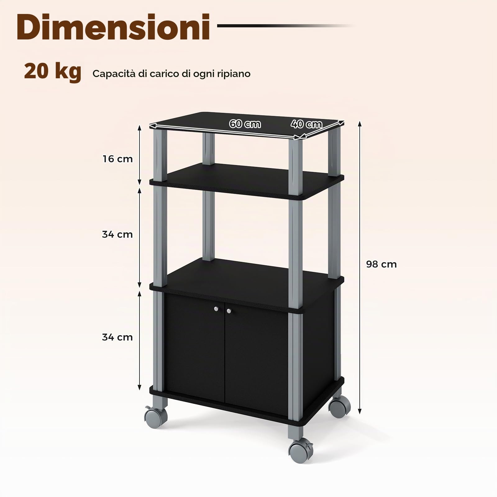 KOMFOTTEU Carrello da Cucina a 3 Livelli per Microonde, Carrello Portaoggetti con Ruote e Armadio con Porta, Carrello di Servizio in Legno, Organizer per Sala da Pranzo, 60 x 40 x 98 cm (Nero)