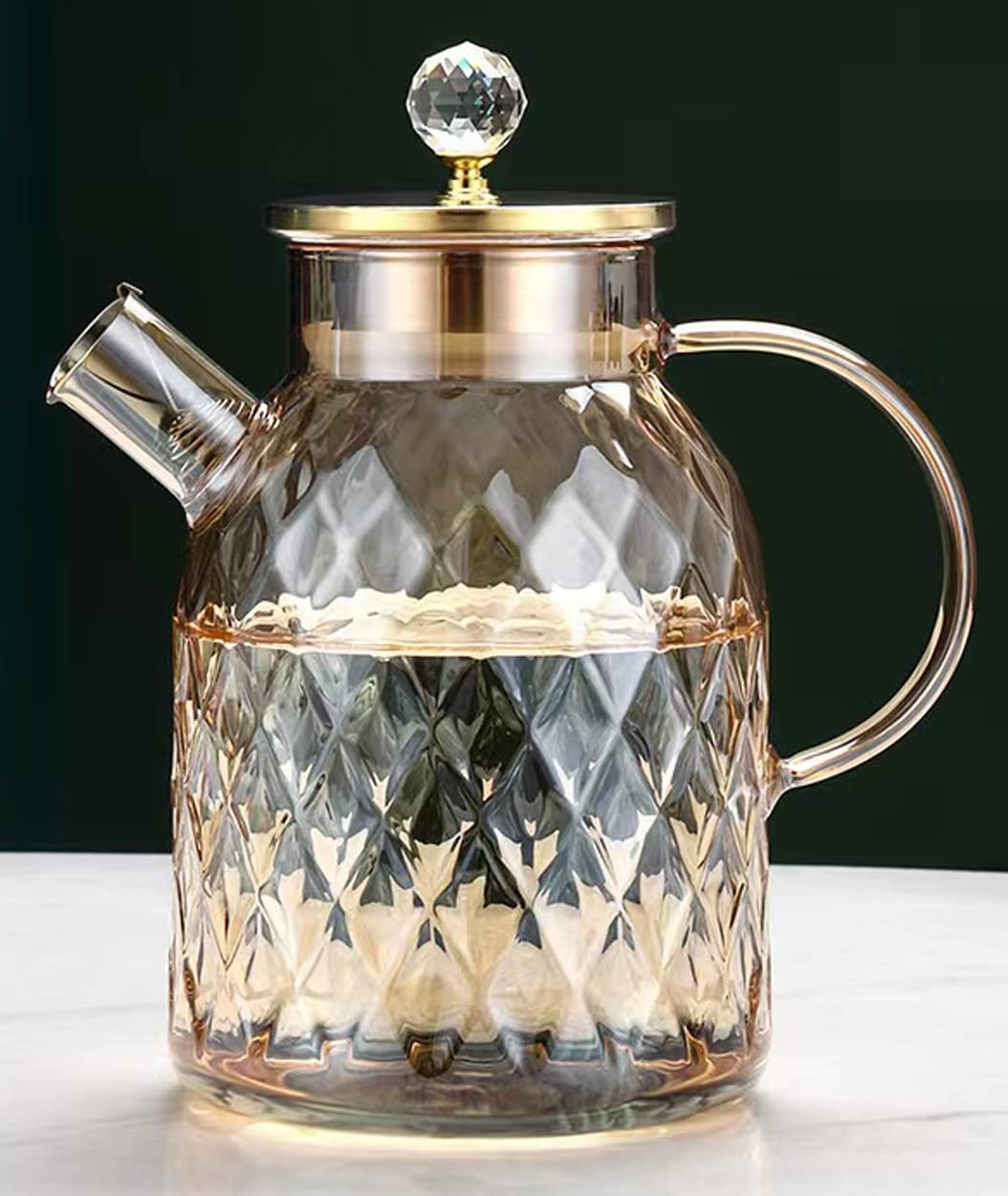 TIMAXSUN Glass Pitcher with Lid, 1.8L Borosilicate Glass Teapot Water Kettle, Water Carafe Jug for Ice/hot Tea Maker, Beverage, Hot/Cold Coffee,Milk and Juice, Luxury Amber Diamond Design