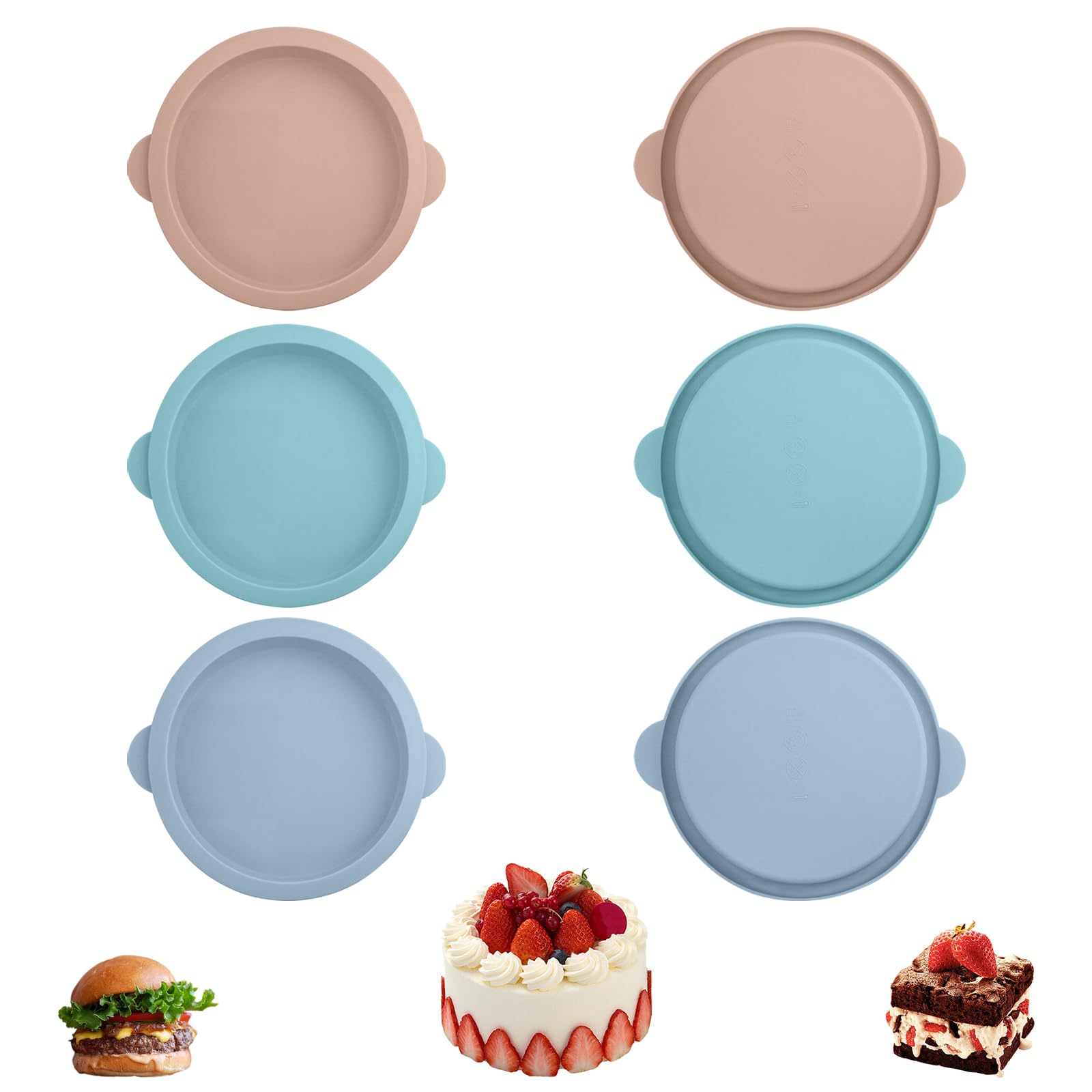 Hevysuo 6 Pack Round Silicone Layer Cake Mold,10cm Air Fryer Egg Mould for Muffin Lids,Toast,Non-Stick Cupcake Baking Mould Kitchen Bake Tool,Blue,Pink,Green Two Each Color