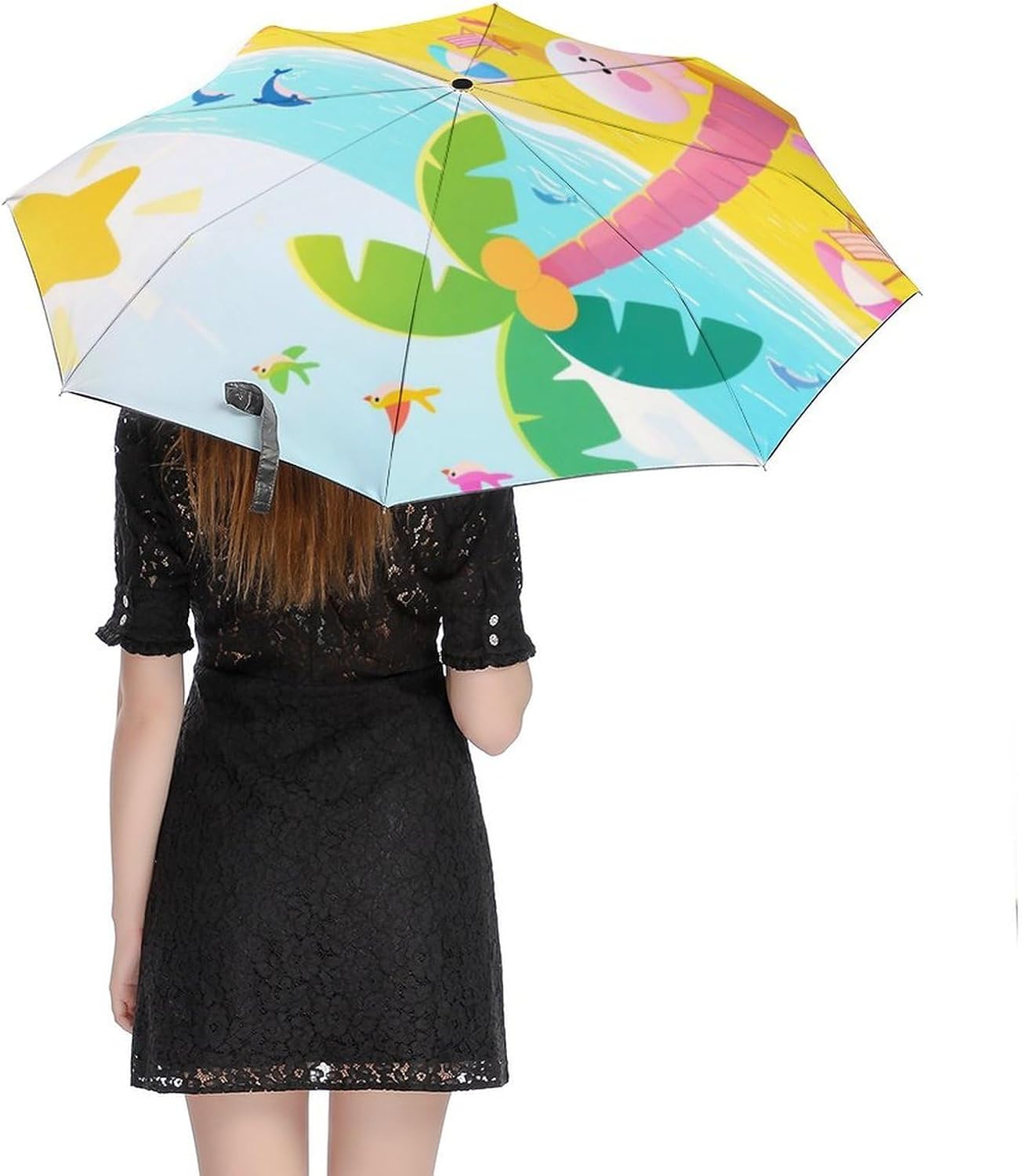 Beach Coconut Trees Windproof Travel Umbrella, One-Click Automatic Open And Close, Portable Compact Folding Umbrella for Women Men, Fits Backpack & Car