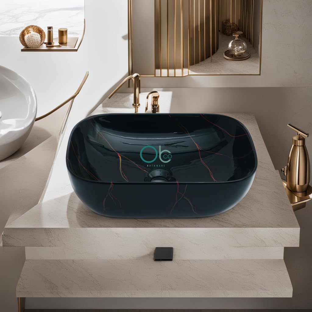 Ceramic Tabletop Wash Basin | Countertop Basin 18X13X5 Inch | Vessel Sink | Bathroom Basin | Black & Marun Strip | Glossy Finish (Obco-106)